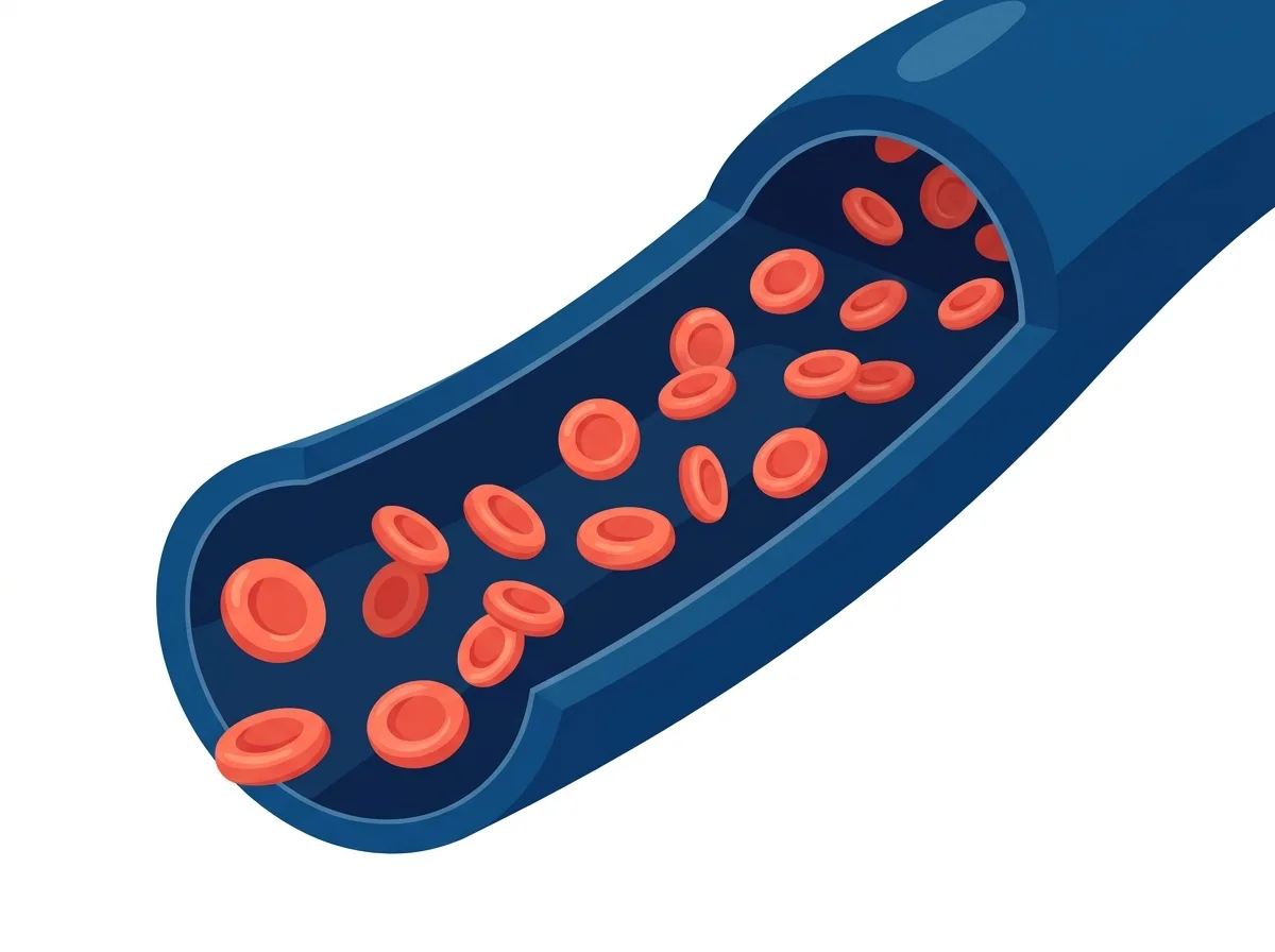 Educational illustration of a healthy blood vessel with smooth walls and freely flowing blood cells