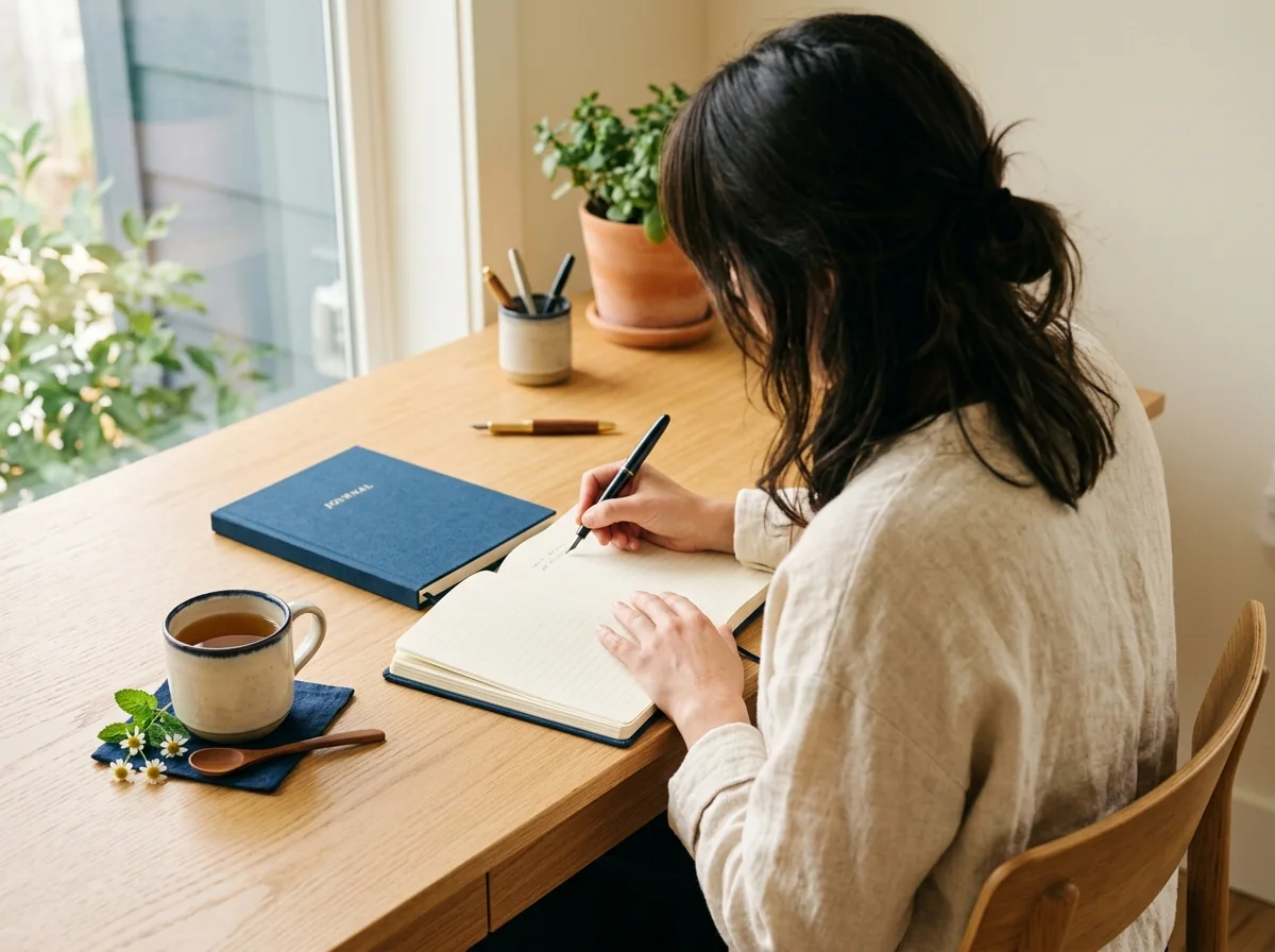 A person writing wellness notes in a journal at a wooden desk with herbal tea